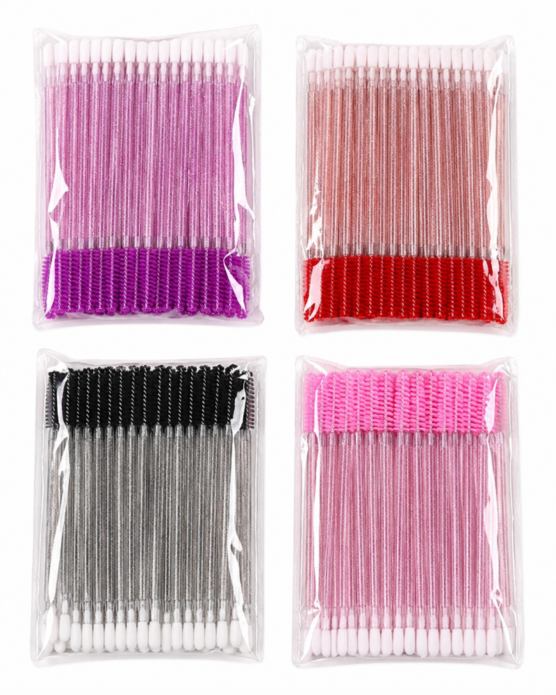 Cepillos Doble uso desechables para pestañas con mango brillante /Paquete de 12 bolsitas con 50 piezas