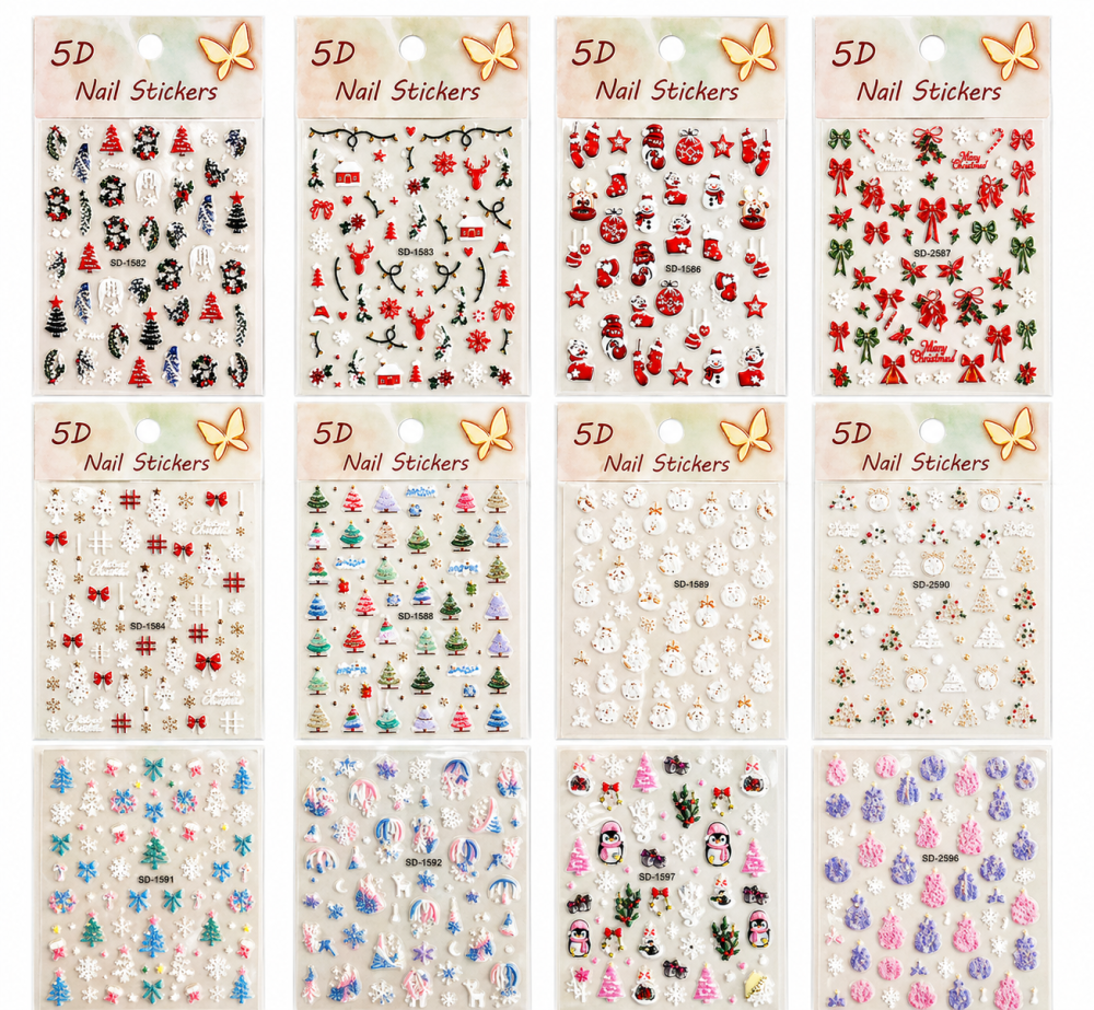 Stickers 5D para Uñas - Diseño de Navidad (12 modelos diferentes) /Paquete con 12 piezas