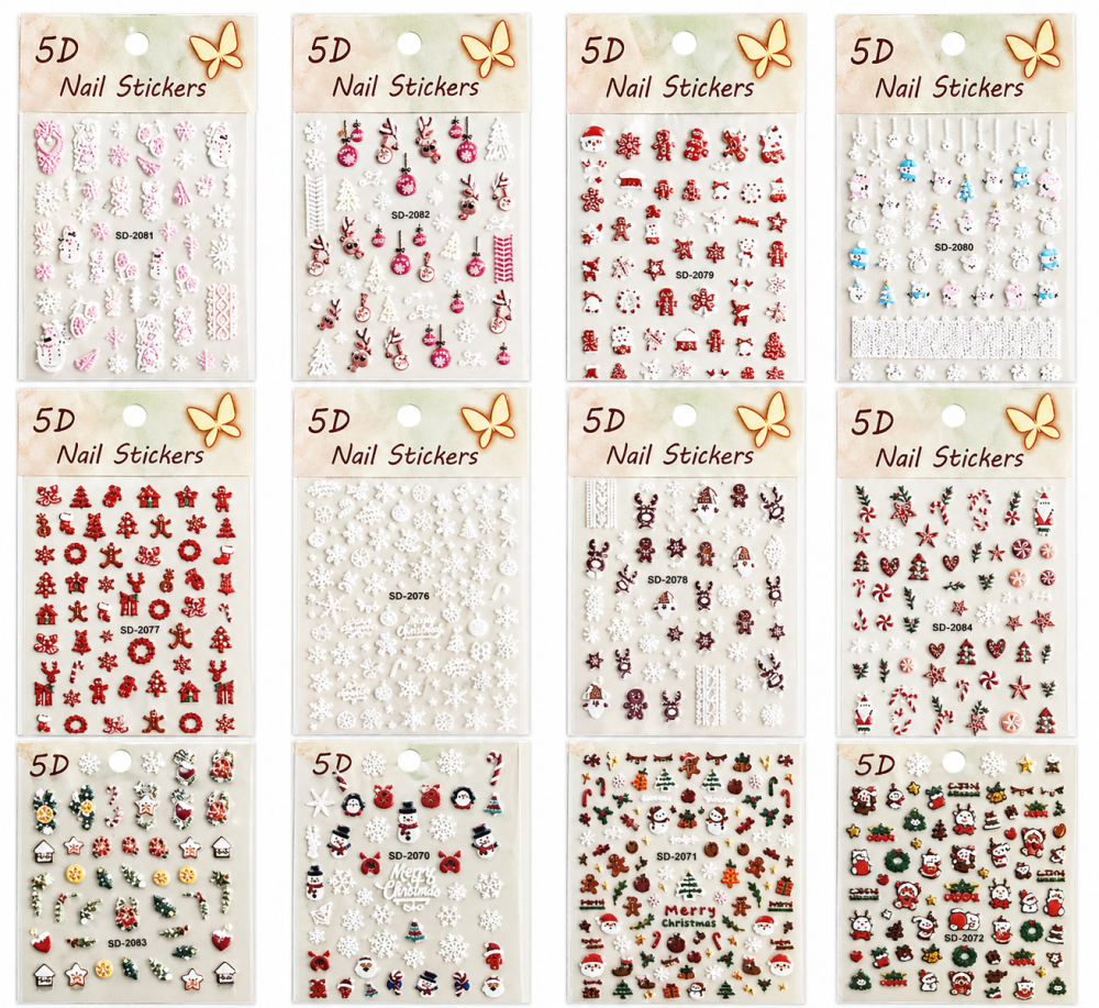 Stickers 5D para Uñas - Diseño de Navidad (12 modelos diferentes) /Paquete con 12 piezas