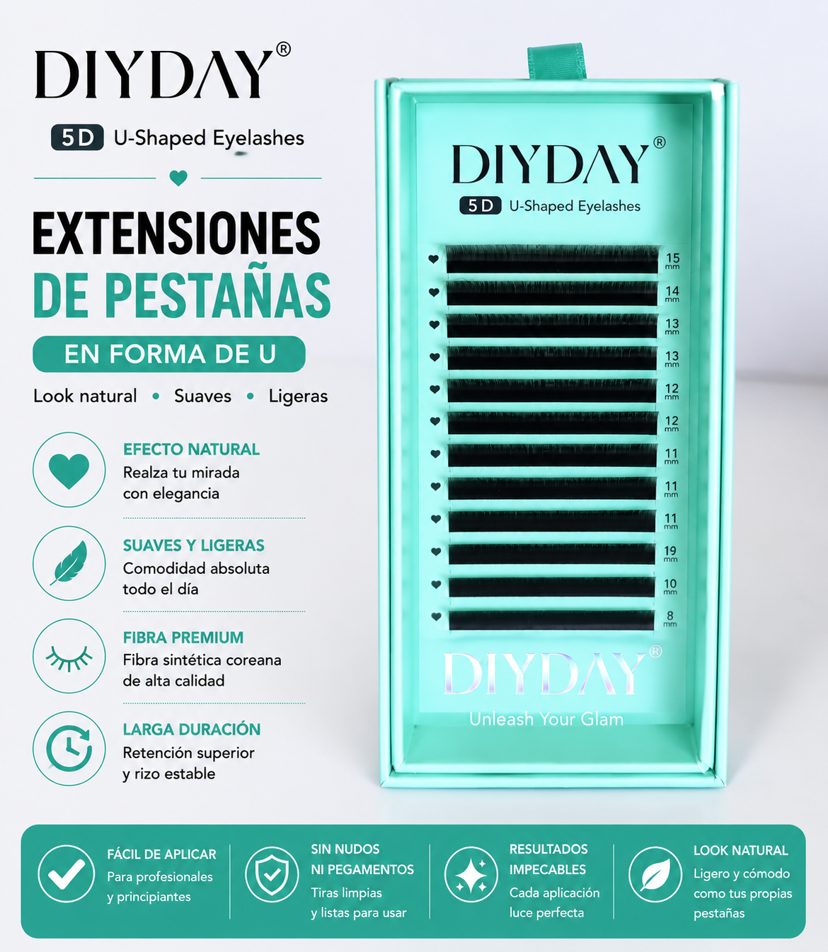 Extensiones de Pestañas DIYDAY 5D Forma U Volumen Ruso 0.07D Mix 8-15mm Fibra Premium