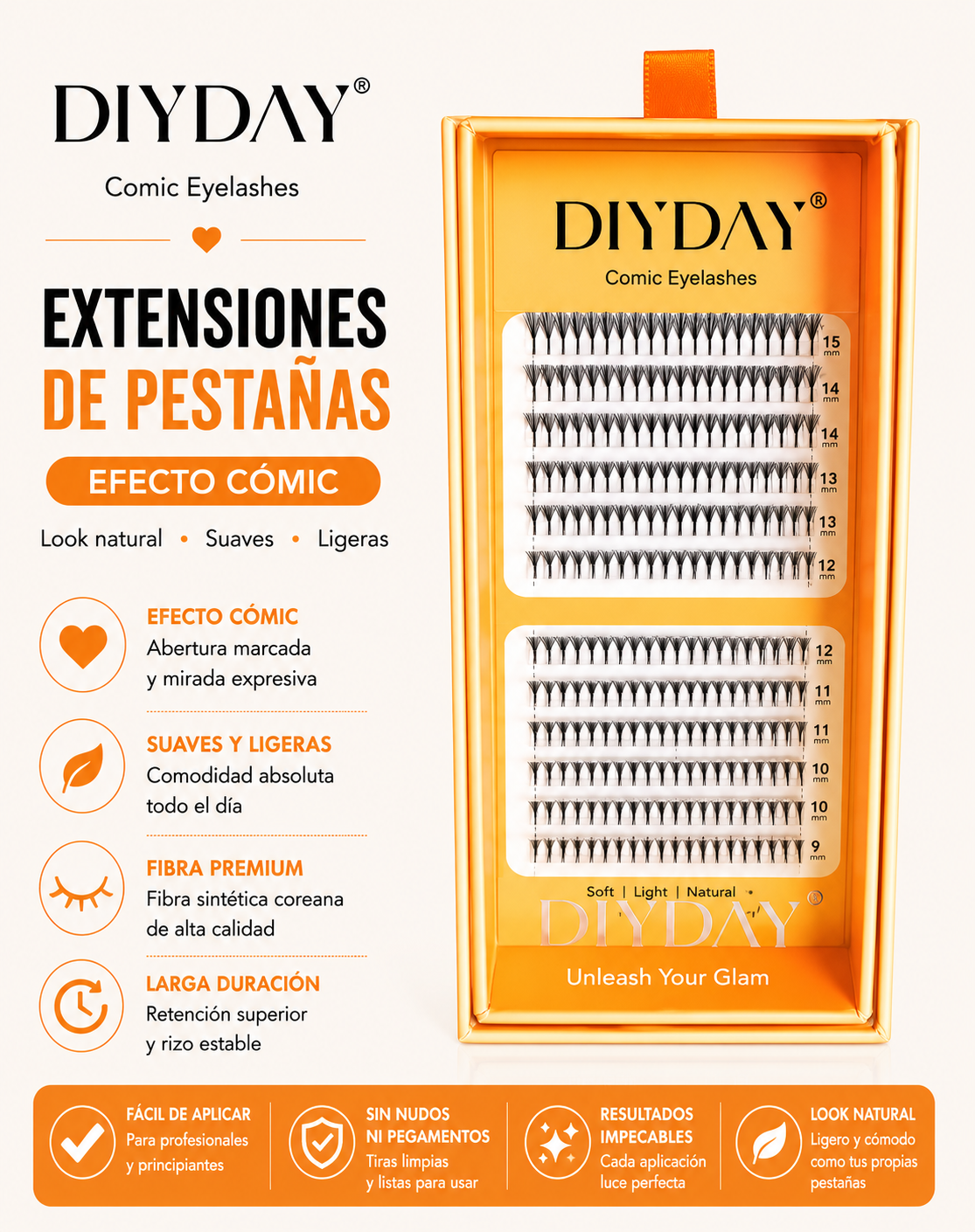 Extensiones de Pestañas DIYDAY Efecto Cómic 0.07D Mix 9-15mm Fibra Premium Estilo Anime Profesional