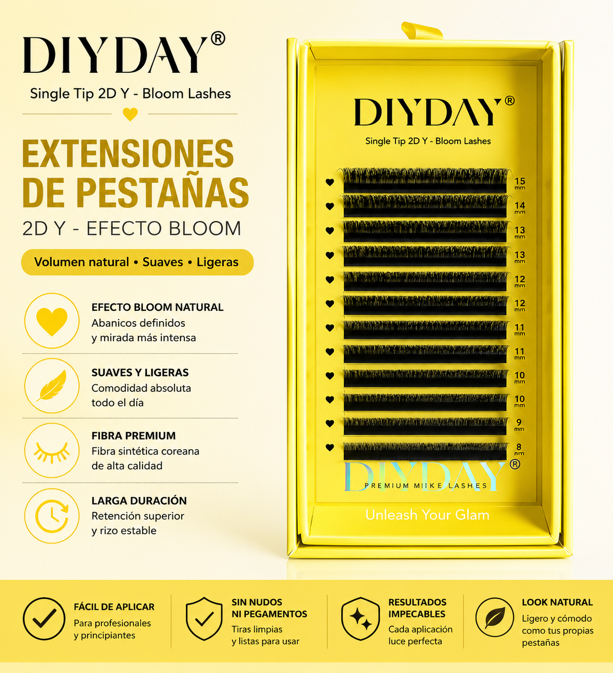 Extensiones de Pestañas DIYDAY 2D Y Bloom Efecto Volumen Natural Mix 8-15mm