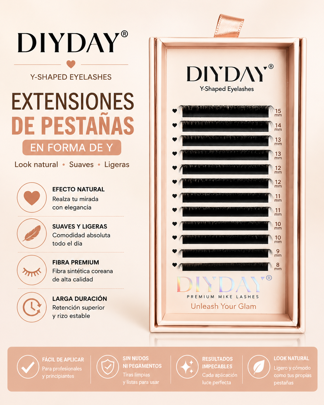 Extensiones de Pestañas DIYDAY Forma Y Efecto Natural Mix 8-15mm Fibra Premium