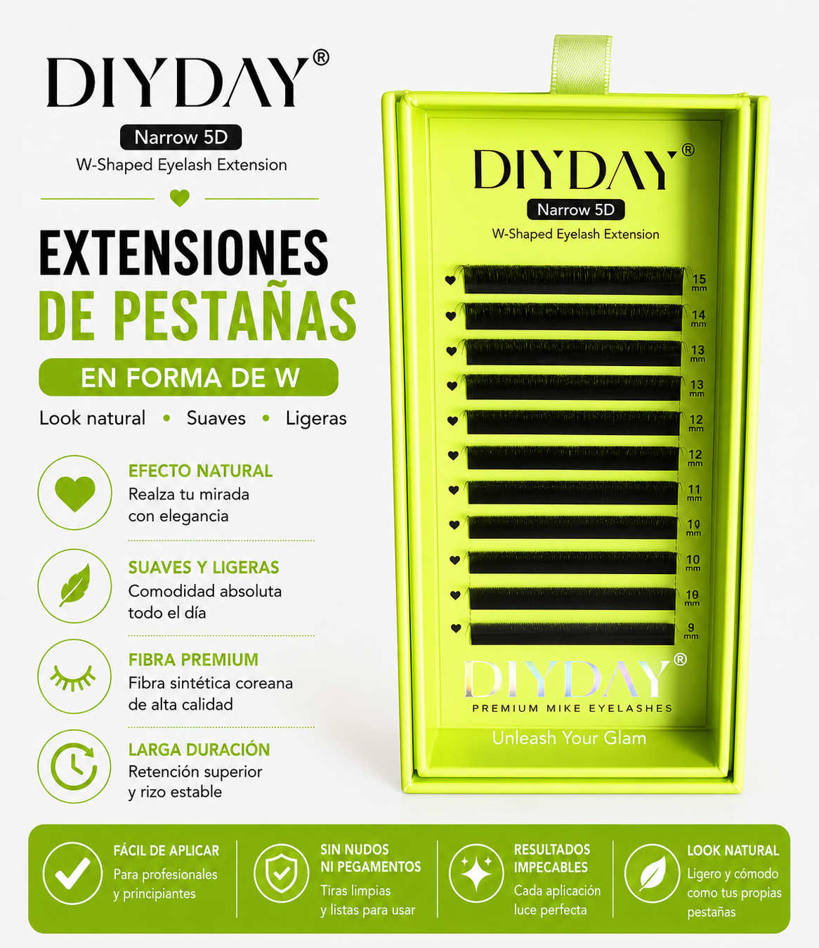 Extensiones de Pestañas DIYDAY 5D Forma“ W ”0.07D Mix 8-15mm Fibra Premium Volumen Extra Profesional