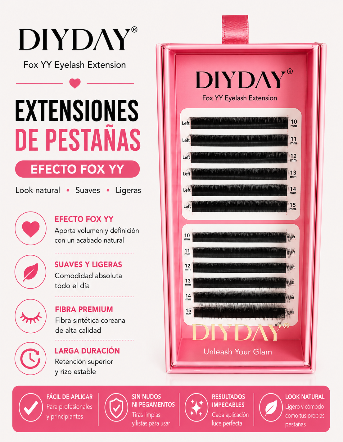 Extensiones de Pestañas DIYDAY Fox “YY ” 0.07D Mix 10-15mm Fibra Premium Profesional