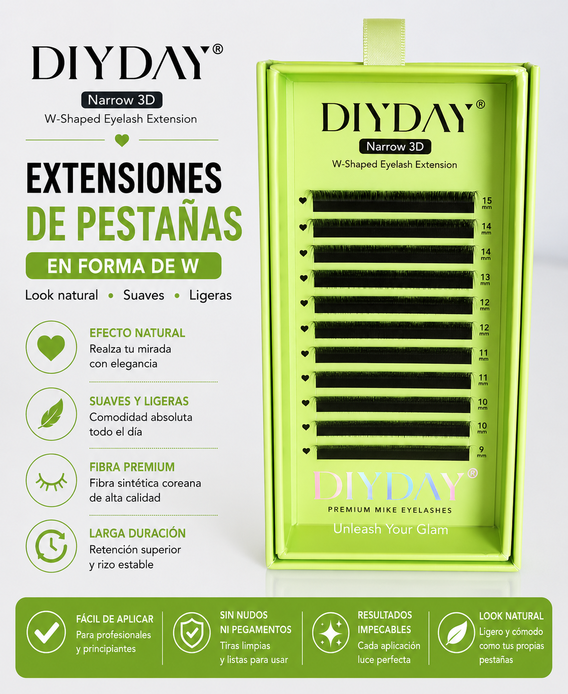 Extensiones de Pestañas DIYDAY 3D Forma “ W ” 0.07D Mix 8-15mm Fibra Premium Volumen Natural