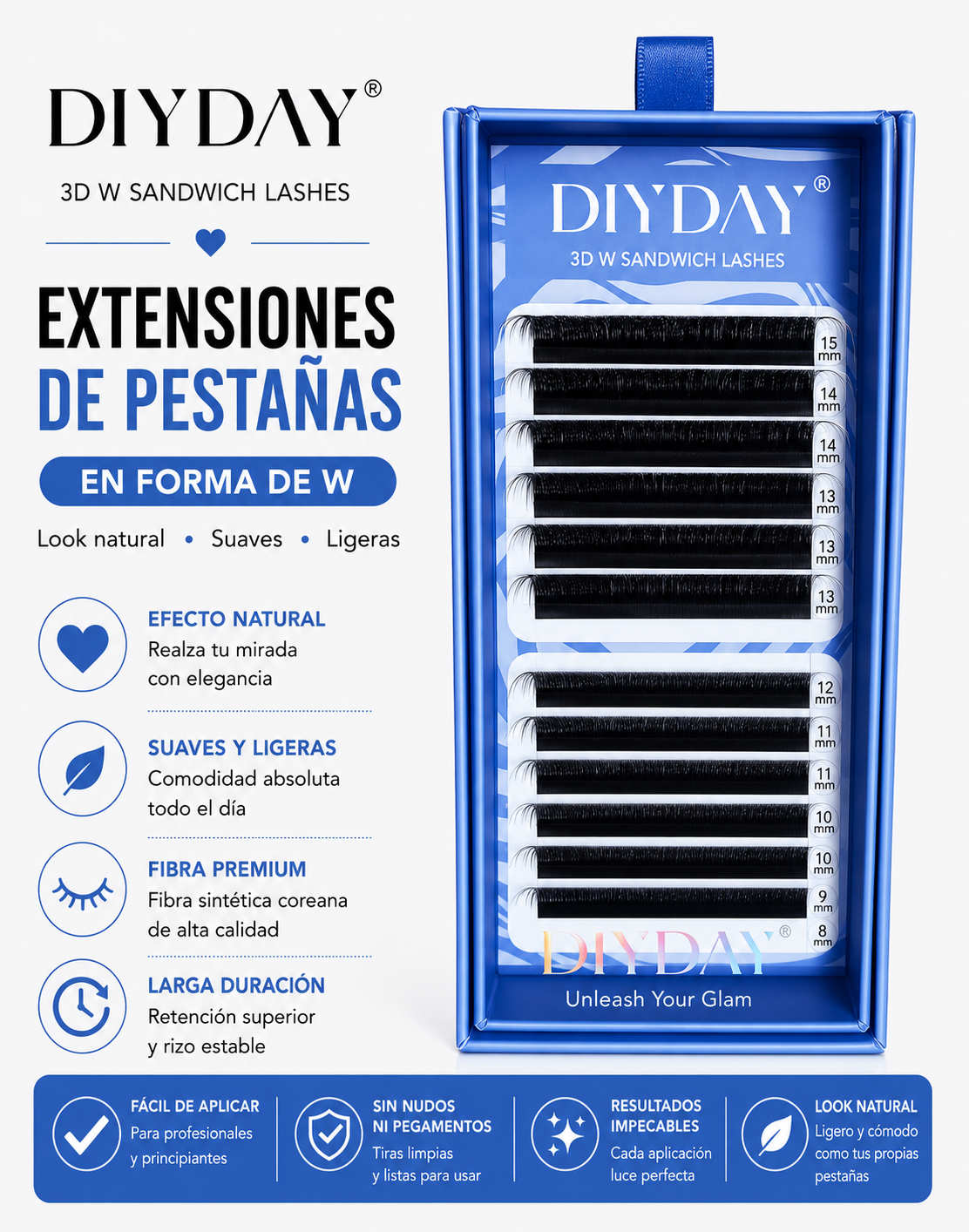 Extensiones de Pestañas DIYDAY 3D W Sandwich Mix 8-15mm Fibra Premium Efecto Volumen Natural