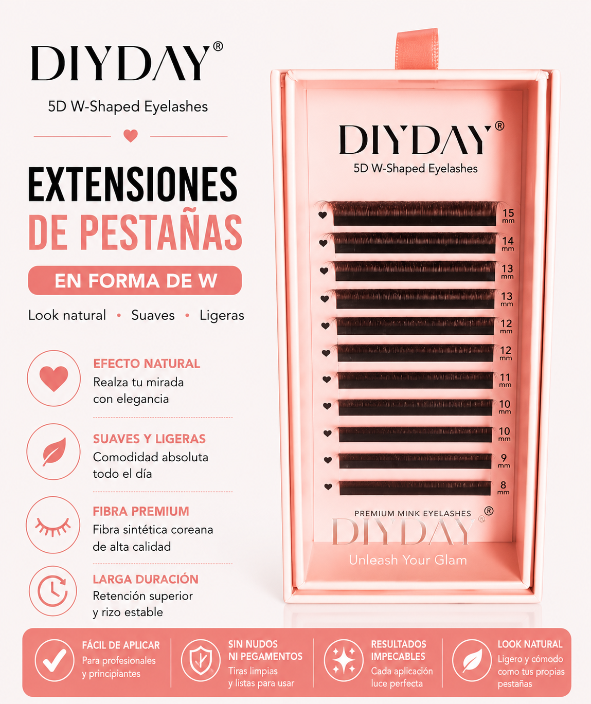 Extensiones de Pestañas DIYDAY 5D Forma “W” 0.07D Mix 8-15mm Fibra Premium Volumen Intenso Profesional