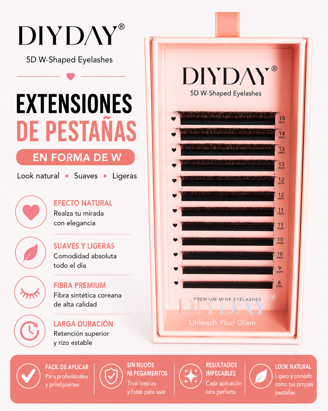 Extensiones de Pestañas DIYDAY 5D Forma “W” Mix 8-15mm Fibra Premium Volumen Intenso Profesional
