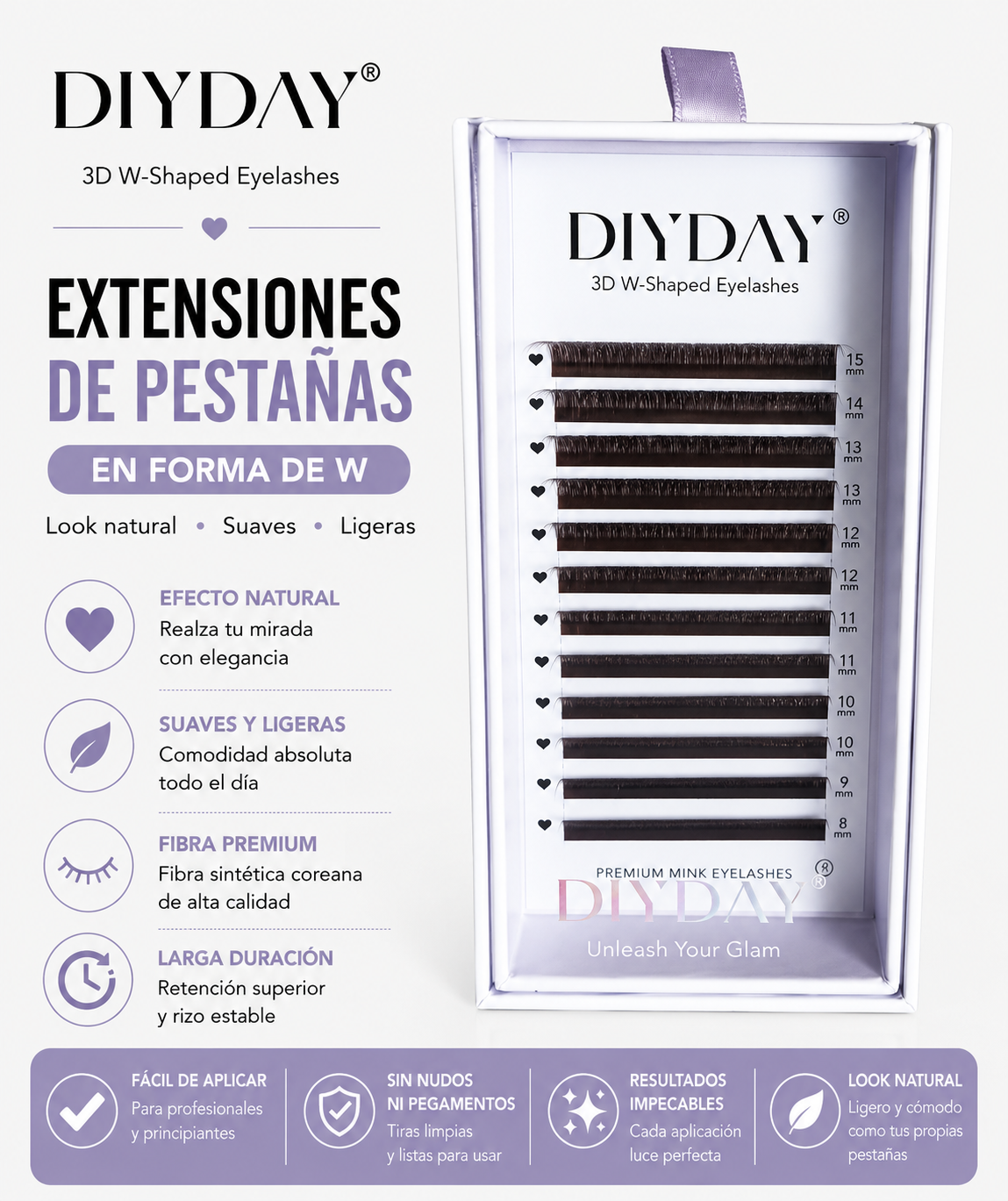Extensiones de Pestañas DIYDAY 3D Forma “W” 0.07D Mix 8-15mm Fibra Premium Efecto Natural Profesional