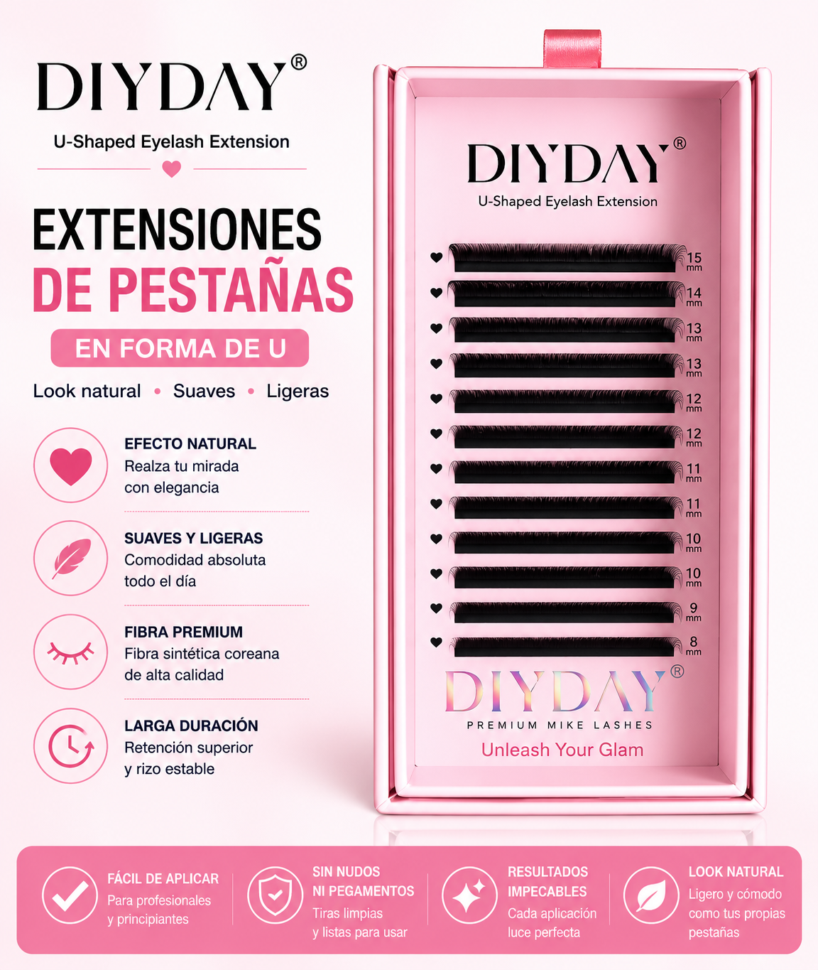 Extensiones de Pestañas DIYDAY Forma U Volumen Natural 0.07D Mix 8-15mm Fibra Premium