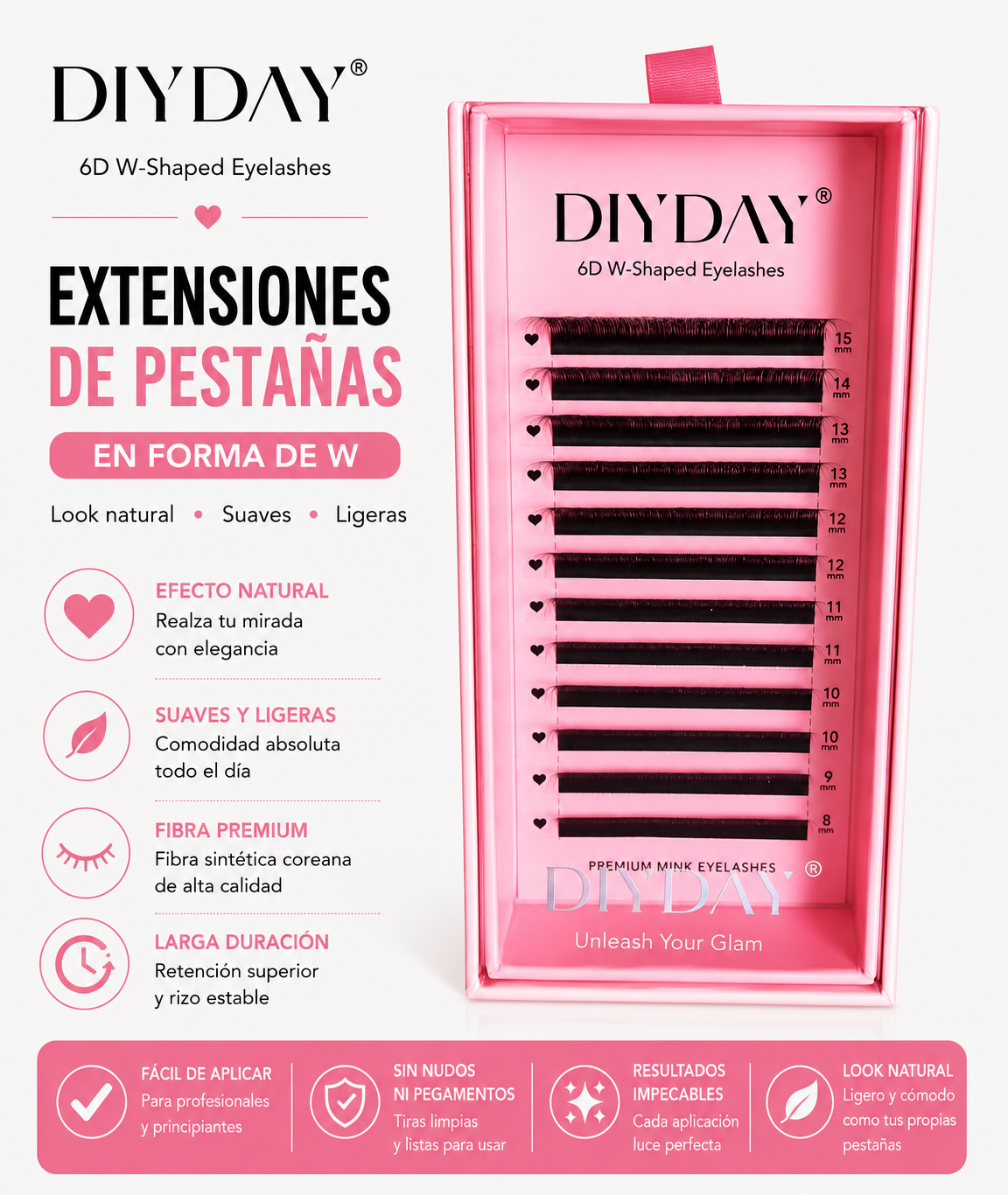 Extensiones de Pestañas DIYDAY 6D Forma “ W ” 0.07D Mix 8-15mm Fibra Premium Mega Volumen Profesional