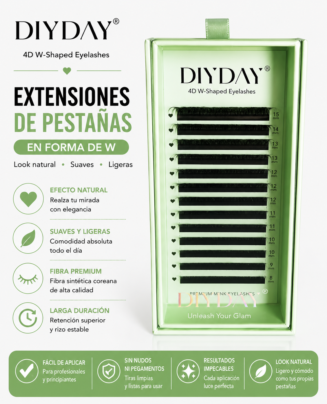 Extensiones de Pestañas DIYDAY 4D Forma “W” 0.07D Mix 8-15mm Fibra Premium Volumen Medio Profesional