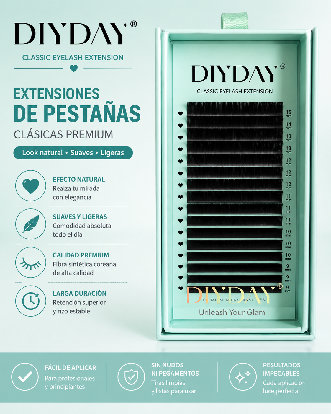Extensiones de Pestañas Clásicas Premium DIYDAY Fibra Suave y Ligera Mix 8-15mm
