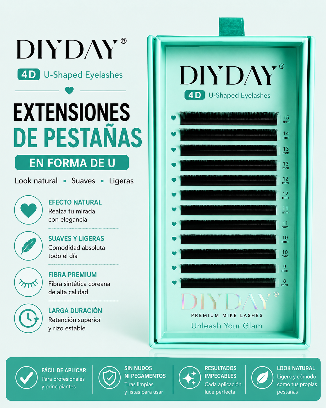Extensiones de Pestañas DIYDAY 4D Forma U Volumen Profesional 0.07D Mix 8-15mm