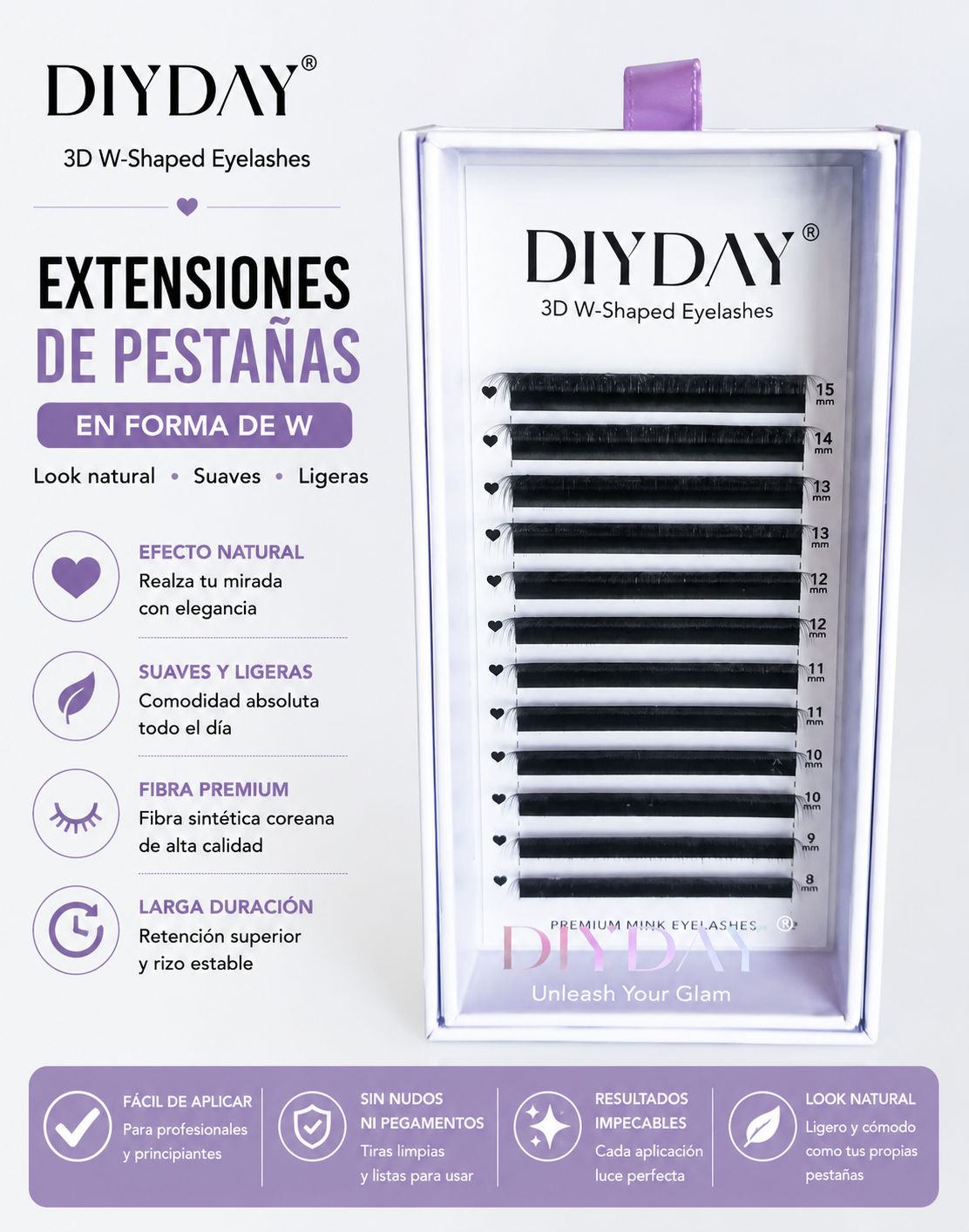 Extensiones de Pestañas DIYDAY 3D Forma“ W ” 0.07D Mix 8-15mm Fibra Premium Volumen Natural Profesional