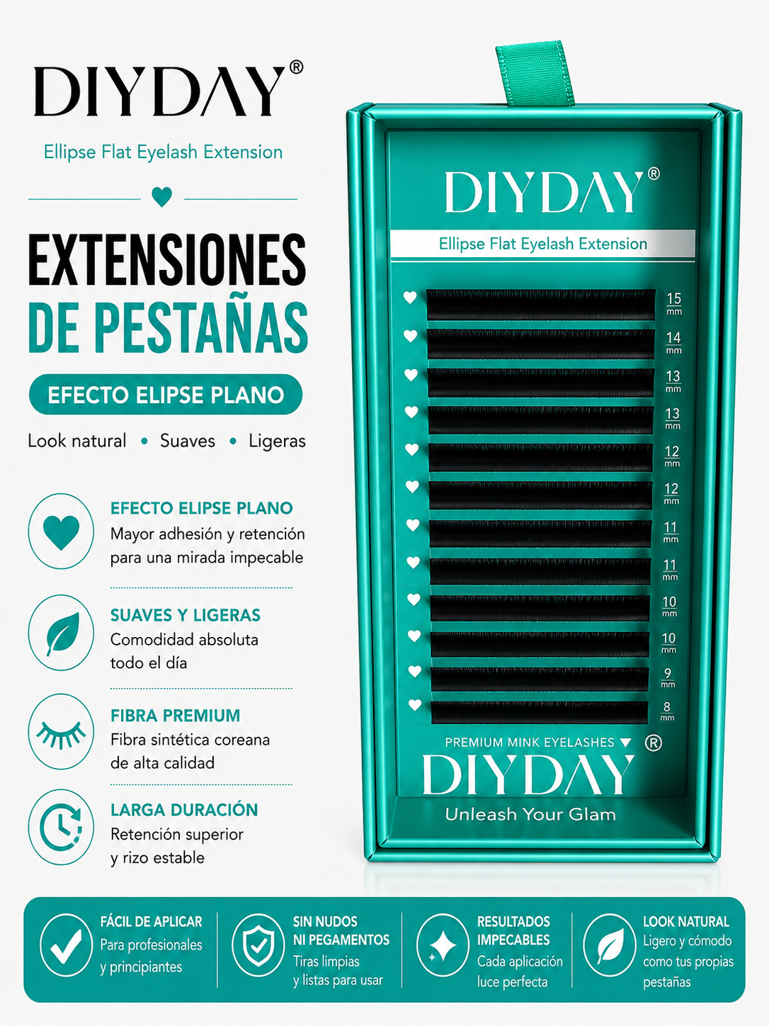 Extensiones de Pestañas Flat Ellipse DIYDAY 0.07D Mix 8-15mm Efecto Natural Fibra Premium Profesional