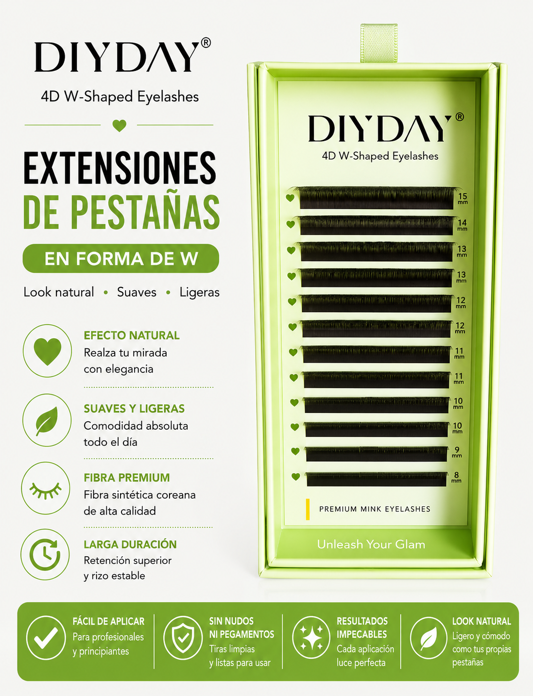 Extensiones de Pestañas DIYDAY 4D Forma “W ”Mix 8-15mm Fibra Premium Volumen Profesional