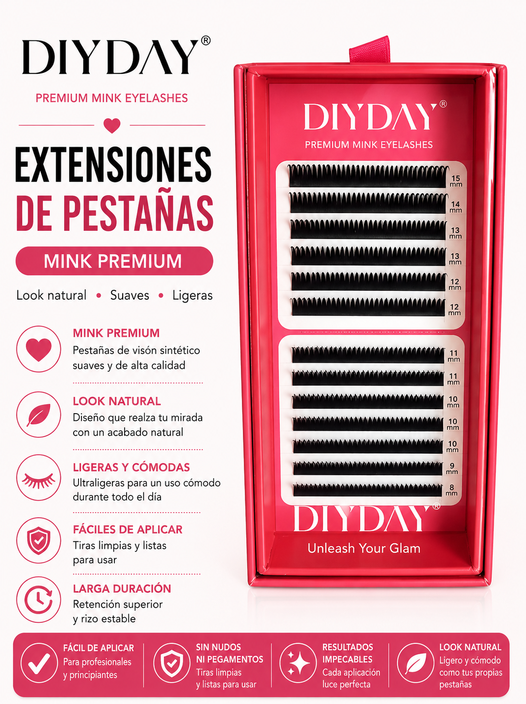 Extensiones de Pestañas DIYDAY Easy Fan Premium Mink 0.07D Mix 8-15mm Volumen Ruso Profesional