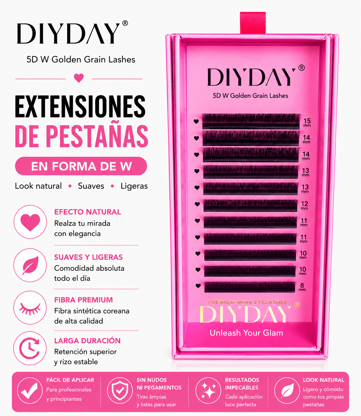 Extensiones de Pestañas DIYDAY 5D W Golden Grain 0.07D Mix 8-15mm Fibra Premium Volumen Profesional