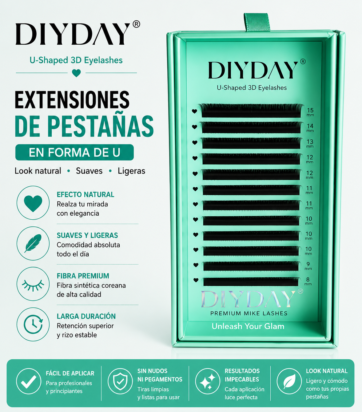 Extensiones de Pestañas DIYDAY 3D Forma U Volumen Profesional Mix 8-15mm