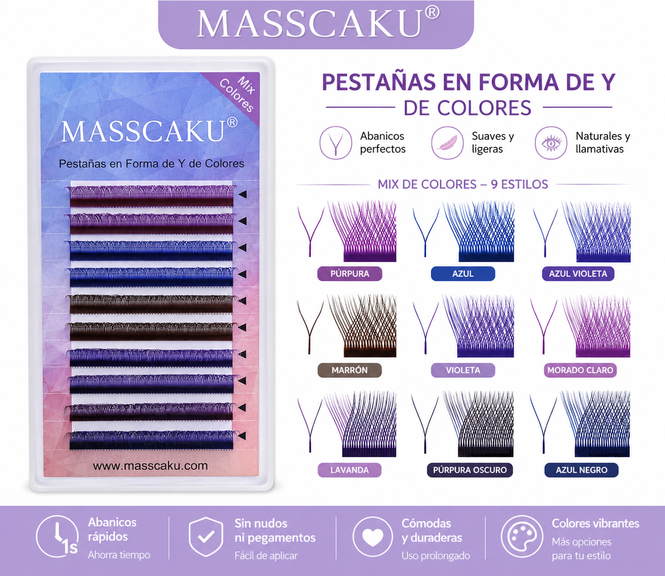 Blíster Masscaku Lash "YY"  colores, para extensión de pestañas/0.07D