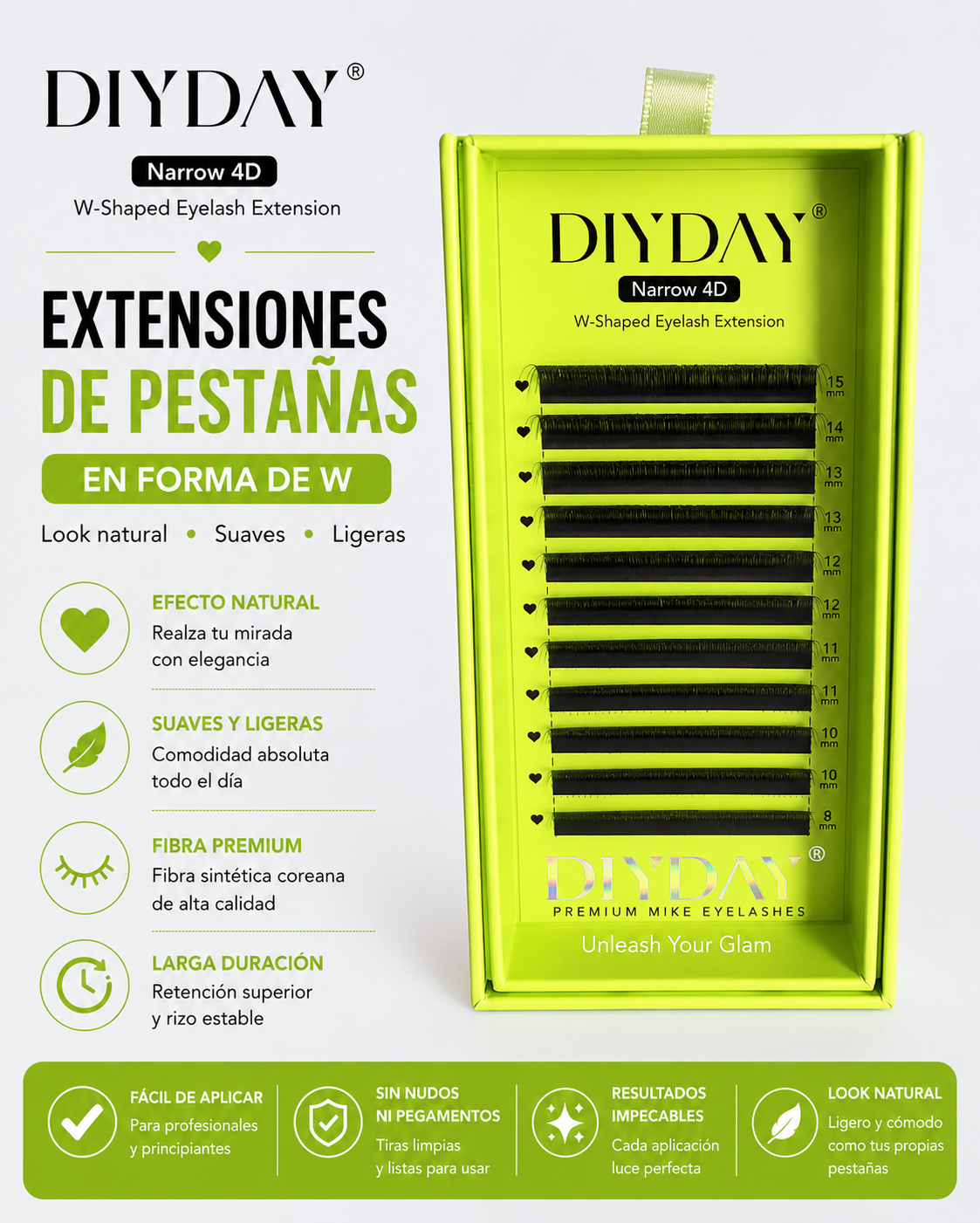 Extensiones de Pestañas DIYDAY 4D Forma“ W ”0.07D Mix 8-15mm Fibra Premium Volumen Profesional