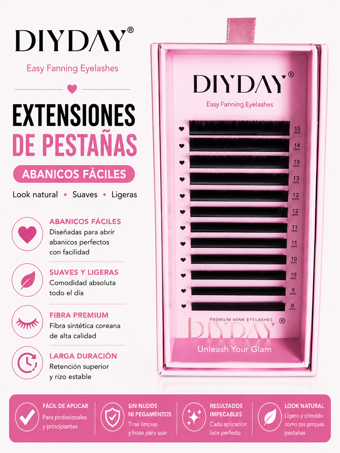 Extensiones de Pestañas DIYDAY Easy Fan Volumen Ruso Mix 8-15mm Fibra Premium Profesional