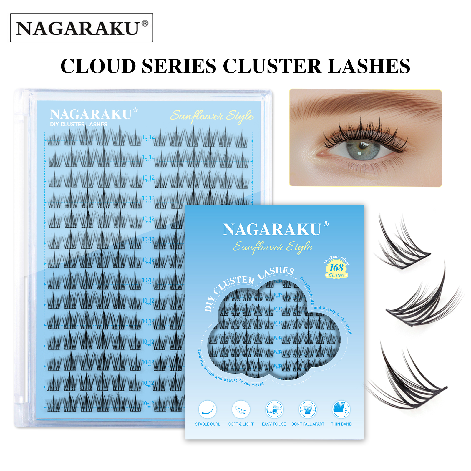 NAGARAKU Pestañas en Racimo DIY Estilo Girasol 10-12 mm C | 168 Clústeres | Banda Fina | Reutilizables