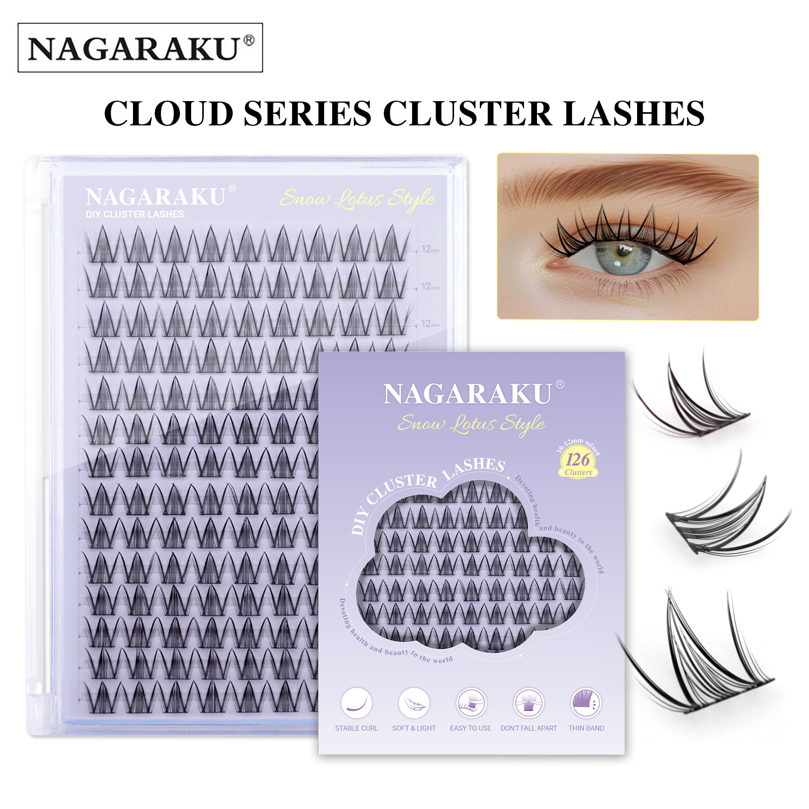 NAGARAKU Pestañas en Racimo DIY Estilo Loto Nevado Curvatura C 12 mm | 126 Clústeres | Banda Ultrafina | Efecto Wispy Natural