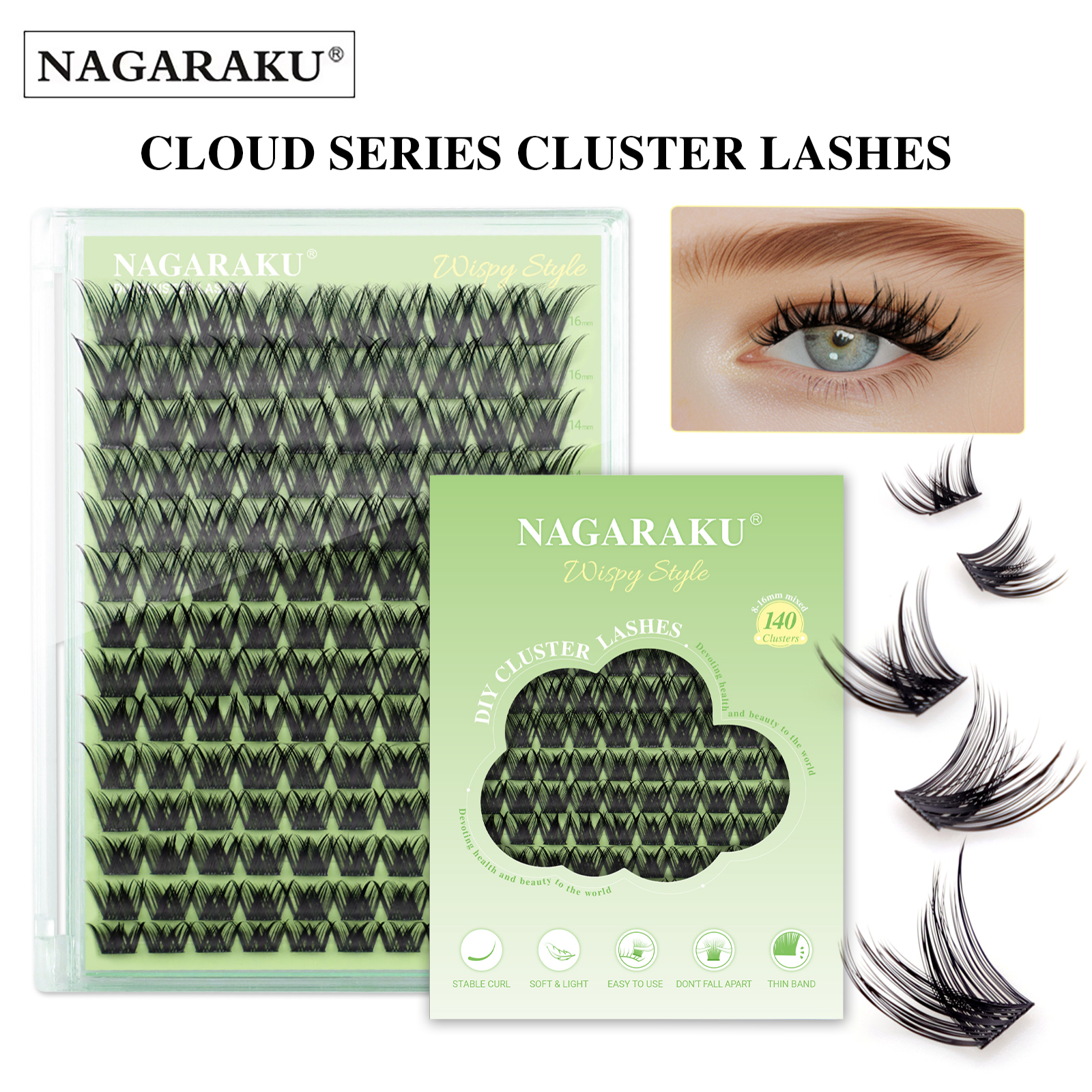 NAGARAKU Pestañas en Racimo DIY Estilo Wispy 10-12 mm Curvatura C | 140 Clústeres | Banda Ultrafina | Efecto Volumen Natural