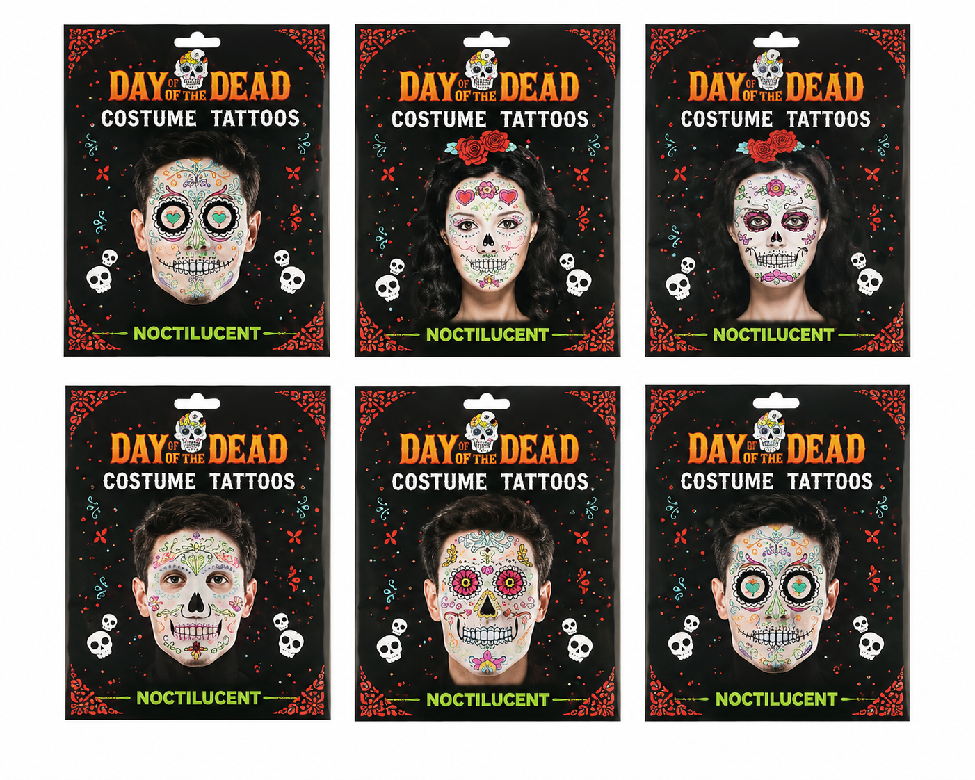 Tatuajes Luminosos del Día de los Muertos / Calcomanías Faciales para Disfraz/ Paquete con 12 piezas