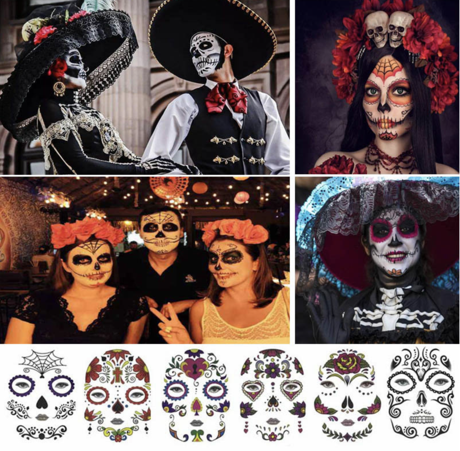 Tatuajes Luminosos del Día de los Muertos / Calcomanías Faciales para Disfraz/ Paquete con 12 piezas