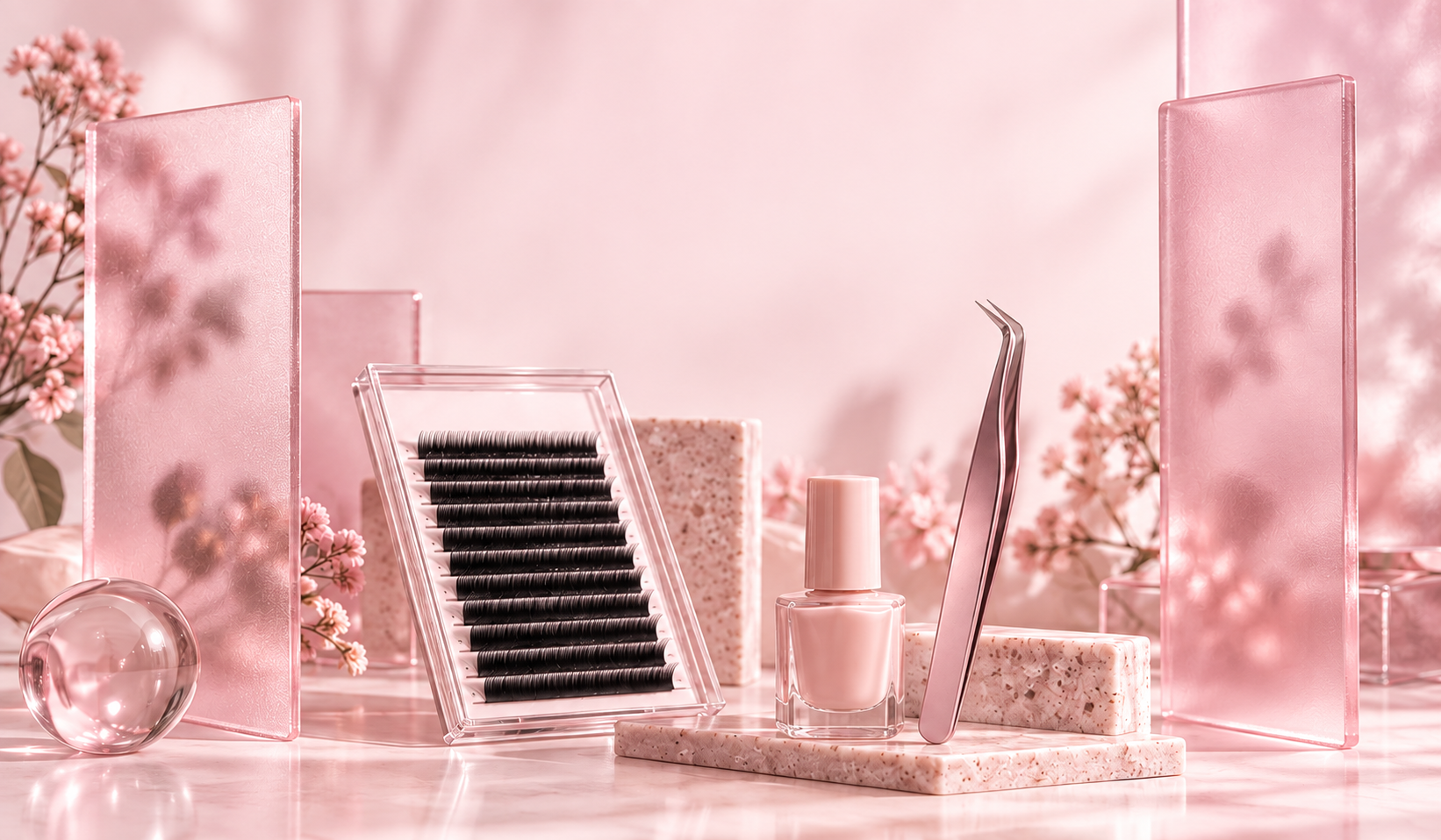 Pestañas, esmalte y pinza entre paneles de vidrio rosa esmerilado