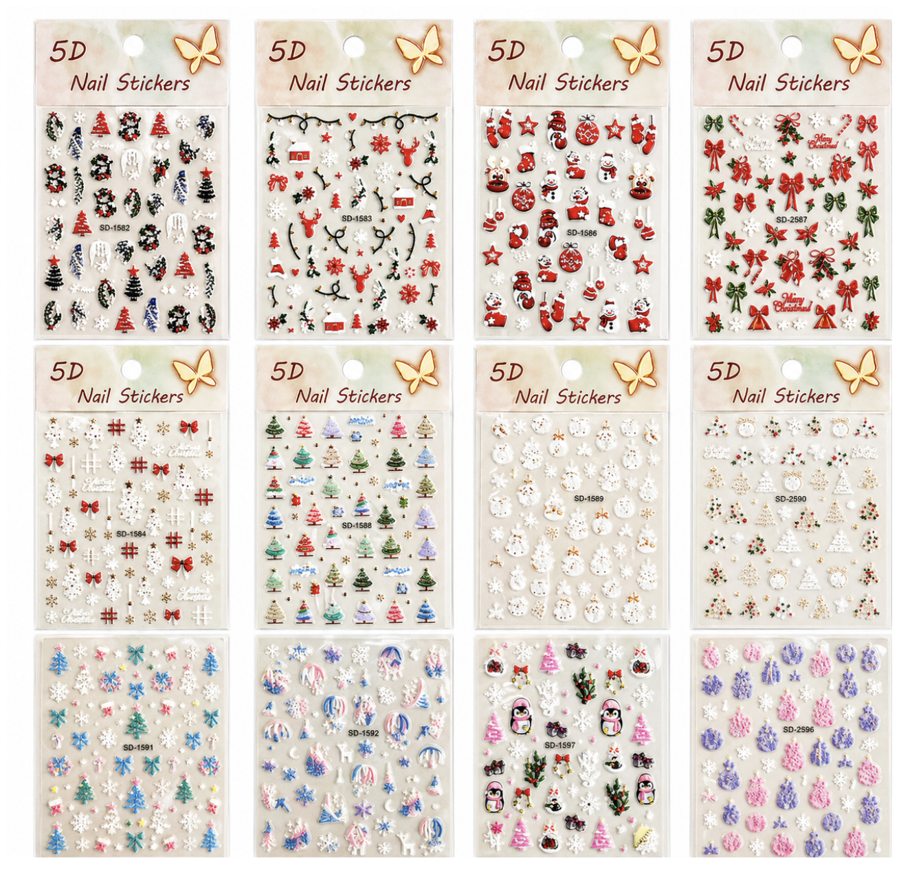 Stickers 5D para Uñas - Diseño de Navidad (12 modelos diferentes) /Paquete con 12 piezas