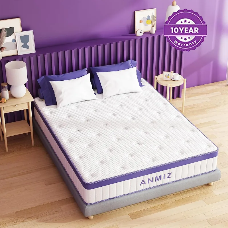 ANMIZ Twin Mattress, 10 inch Hybrid Mattress with Gel Memory Foam, Medium Firm Mattress Twin Size, Purple Mattress in a Box for Sleep Supportive &amp; Pressure Relief (39" X 75" X 10.5")