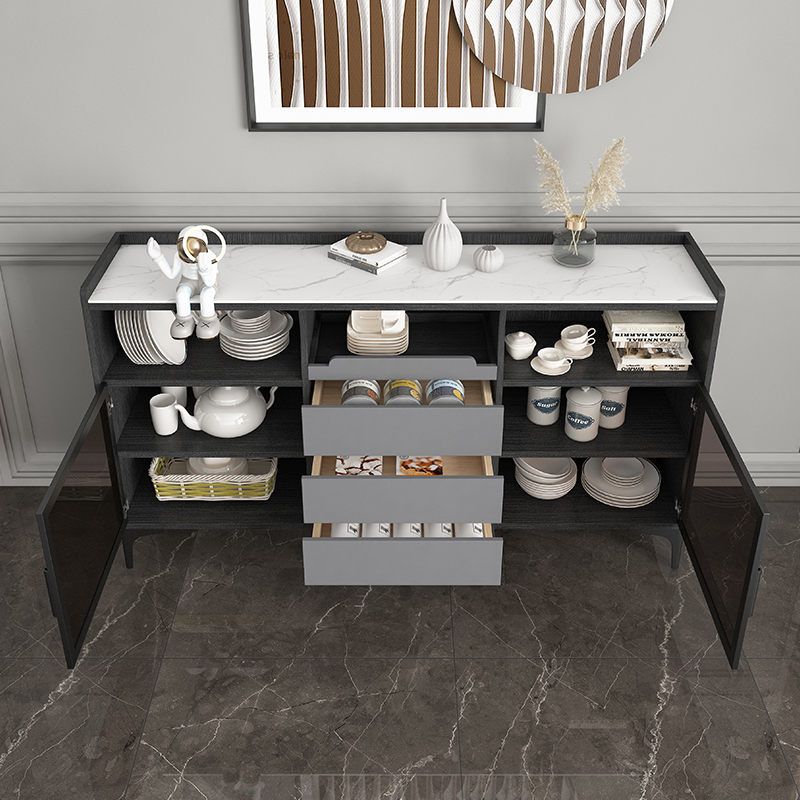 Modern kitchen cabinet with dishes and utensils