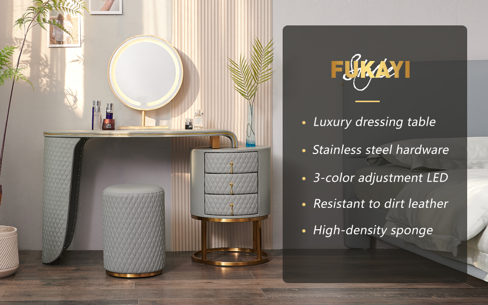 FUKAYI Makeup Vanity Vanity Desk with Mirror and Lights, Make Up Vanity Station with 4 Drawers, Valentines Anniversary Vanity Table Gift for Women Wife