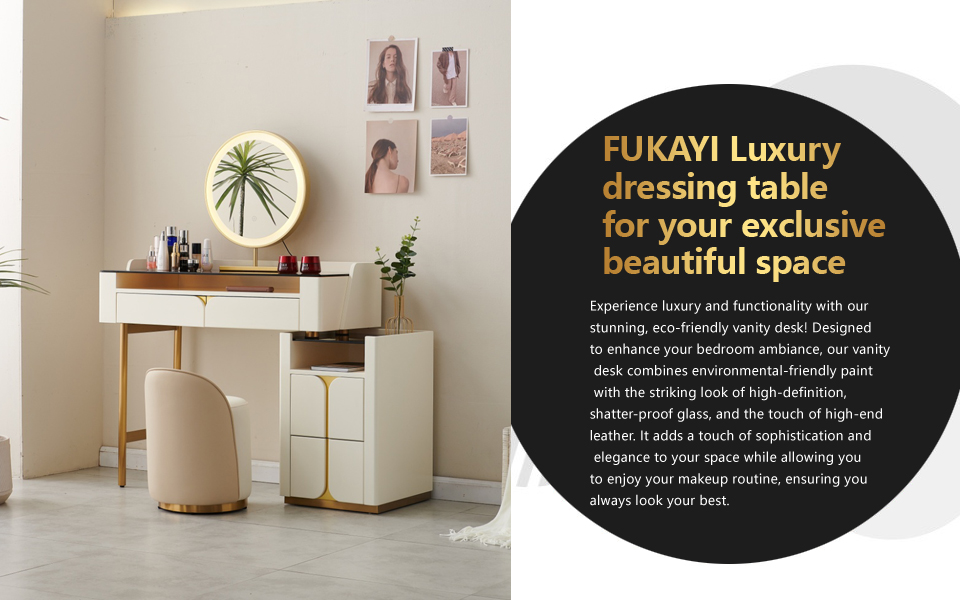 FUKAYI Makeup Vanity Desk with Mirror and Lights