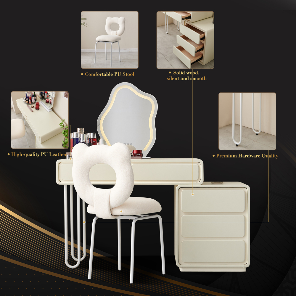 FUKAYI Modern Makeup Vanity Vanity Desk with Mirror and Lights and 180° Swivel Chair, 39.4" Make Up Vanity Station with 5 Drawers, Vanity Table Set, Cream White Vanity Gift for Her