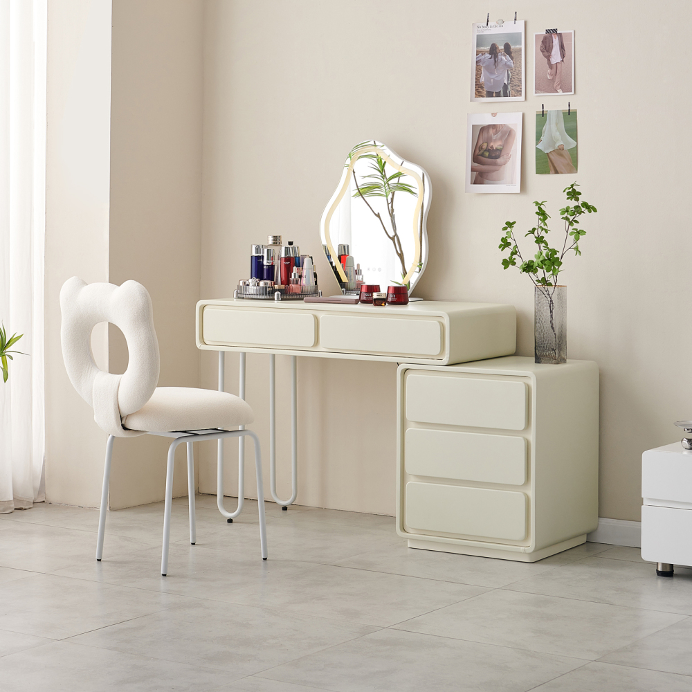 FUKAYI Modern Makeup Vanity Vanity Desk with Mirror and Lights and 180° Swivel Chair, 39.4" Make Up Vanity Station with 5 Drawers, Vanity Table Set, Cream White Vanity Gift for Her