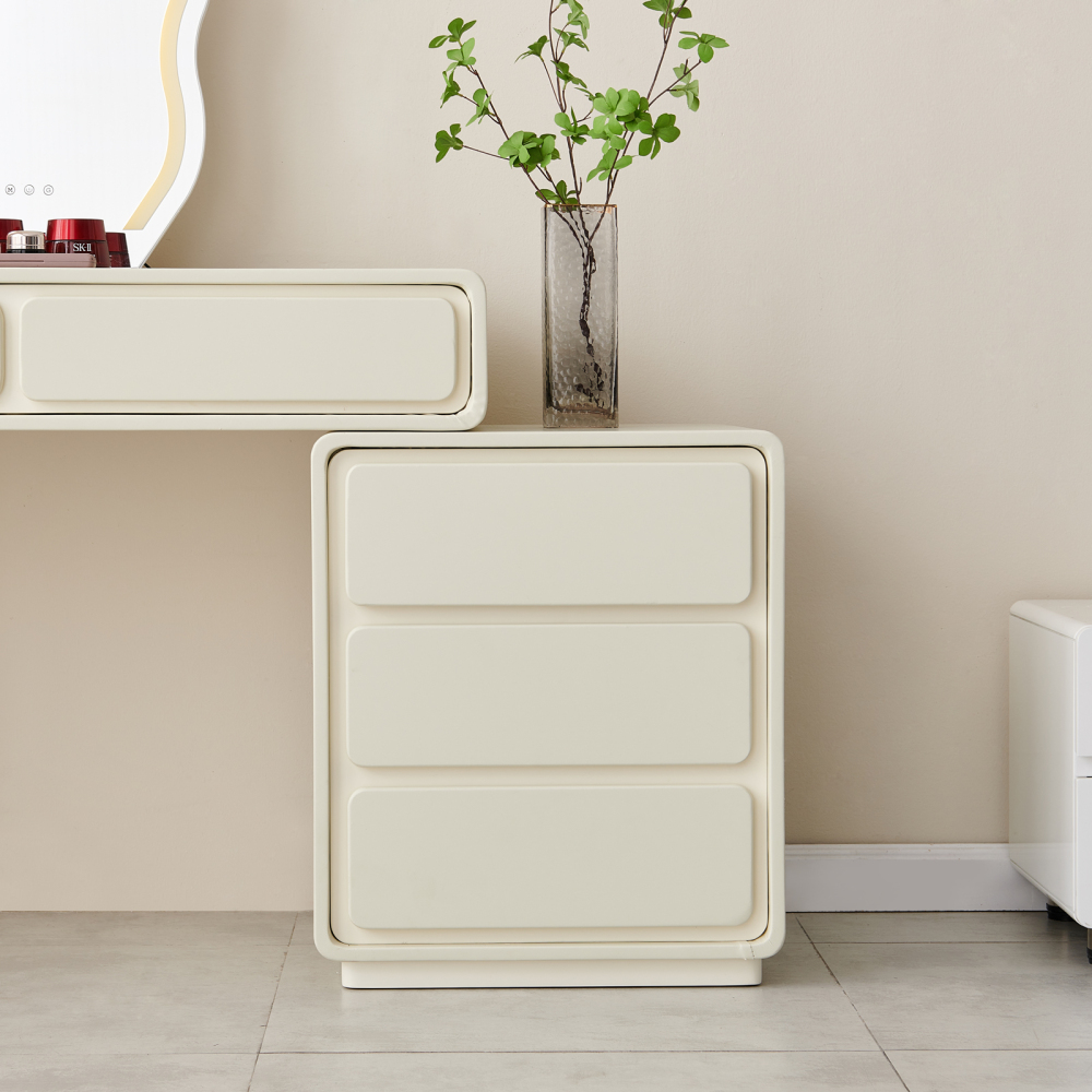FUKAYI Modern Makeup Vanity Vanity Desk with Mirror and Lights and 180° Swivel Chair, 39.4" Make Up Vanity Station with 5 Drawers, Vanity Table Set, Cream White Vanity Gift for Her