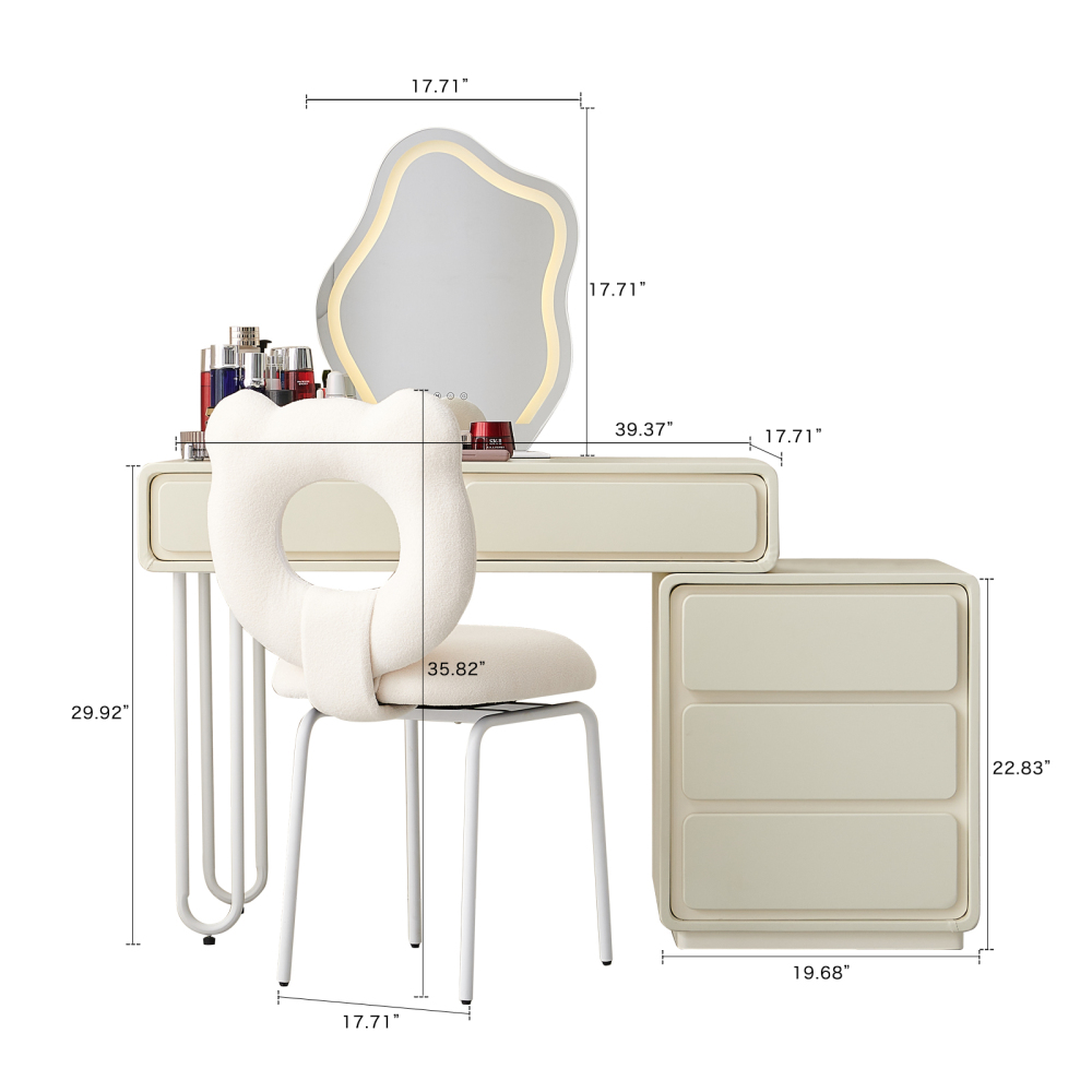 FUKAYI Modern Makeup Vanity Vanity Desk with Mirror and Lights and 180° Swivel Chair, 39.4" Make Up Vanity Station with 5 Drawers, Vanity Table Set, Cream White Vanity Gift for Her