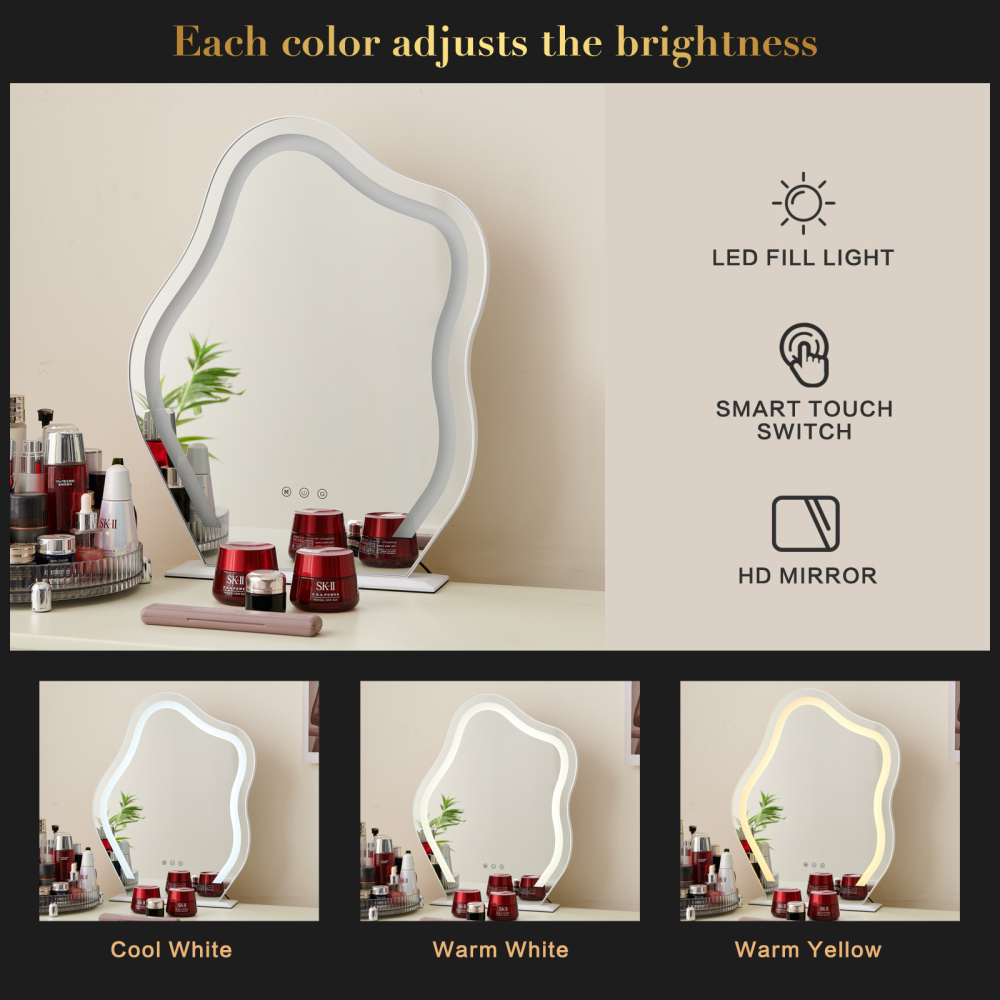 FUKAYI Modern Makeup Vanity Vanity Desk with Mirror and Lights and 180° Swivel Chair, 39.4" Make Up Vanity Station with 5 Drawers, Vanity Table Set, Cream White Vanity Gift for Her