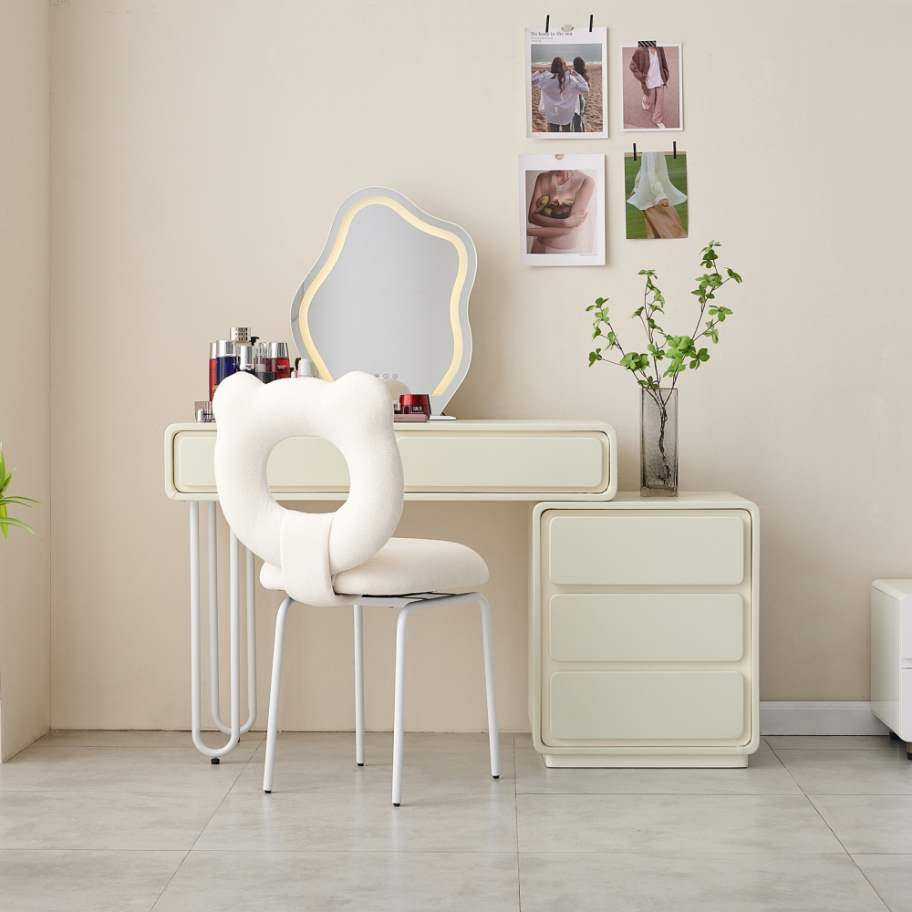 FUKAYI Modern Makeup Vanity Vanity Desk with Mirror and Lights and 180° Swivel Chair, 39.4" Make Up Vanity Station with 5 Drawers, Vanity Table Set, Cream White Vanity Gift for Her