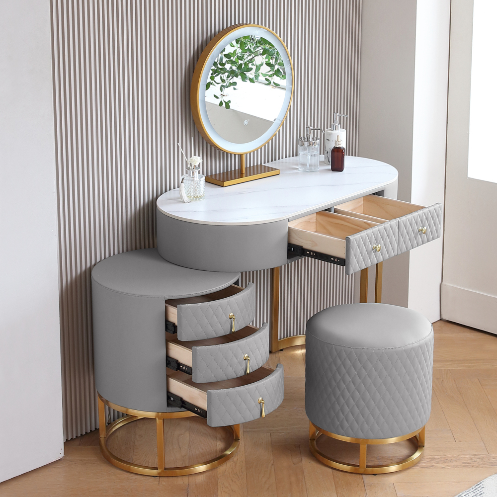 FUKAYI Modern Makeup Vanity - Vanity Desk with Mirror and Lights Stool, Make Up Vanity Station with 5 Drawers, Vanity Table Set, Gift for Her