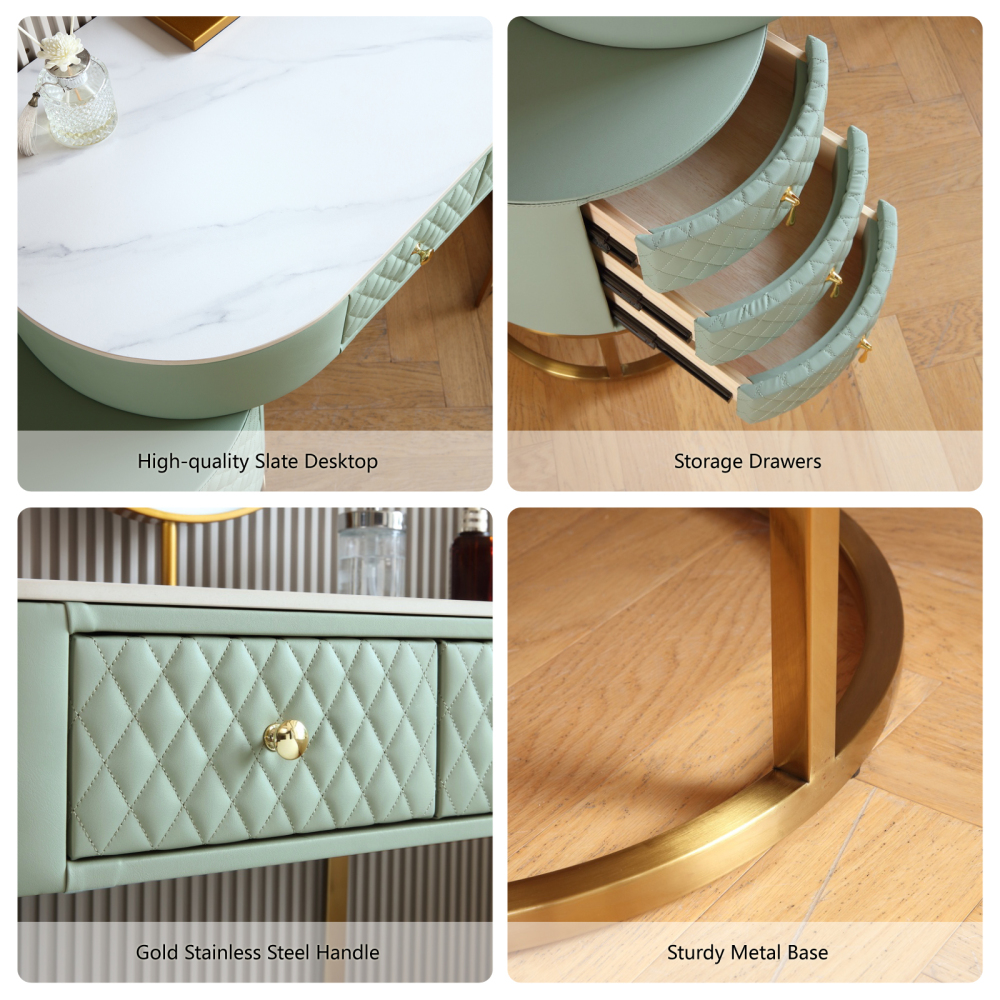 FUKAYI Modern Makeup Vanity - Vanity Desk with Mirror and Lights Stool, Make Up Vanity Station with 5 Drawers, Vanity Table Set, Gift for Her