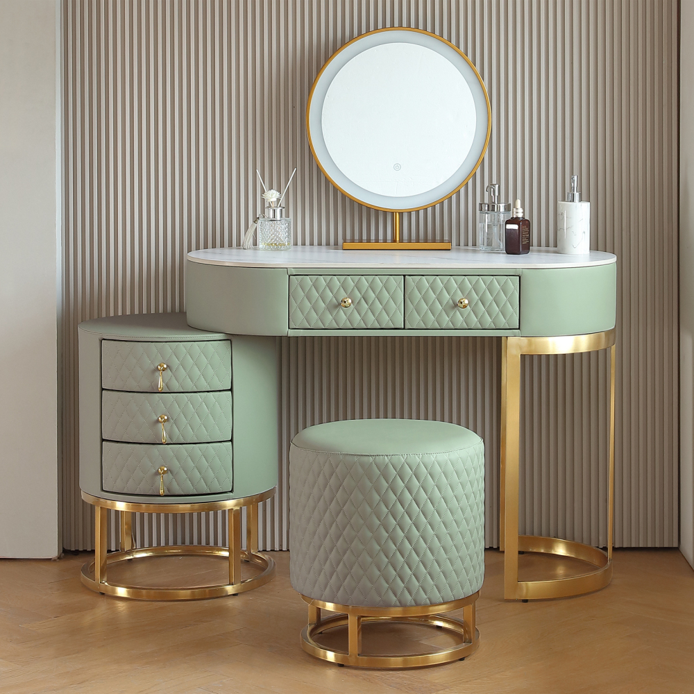 FUKAYI Modern Makeup Vanity - Vanity Desk with Mirror and Lights Stool, Make Up Vanity Station with 5 Drawers, Vanity Table Set, Gift for Her