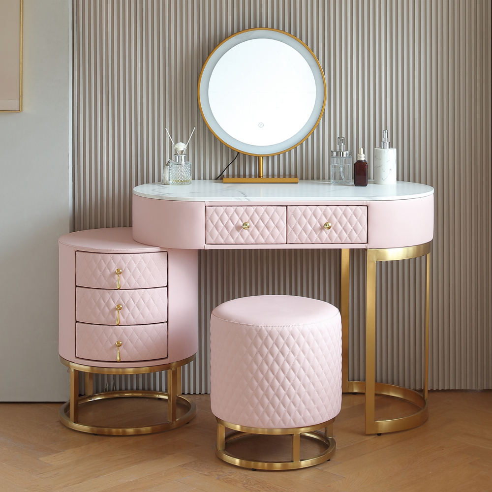 FUKAYI Modern Makeup Vanity - Vanity Desk with Mirror and Lights Stool, Make Up Vanity Station with 5 Drawers, Vanity Table Set, Gift for Her