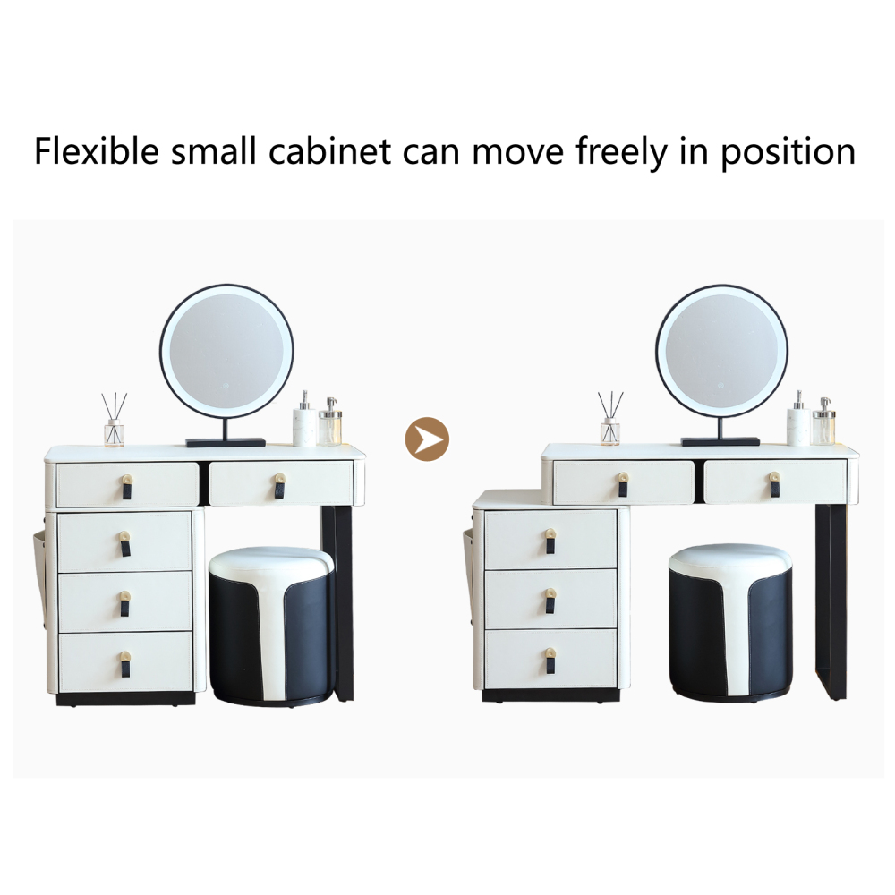 FUKAYI Faux Saddle Leather Makeup Vanity Desk Set with 5 Drawers & Side Storage Bag Dressing Table with Lighted Mirror, White